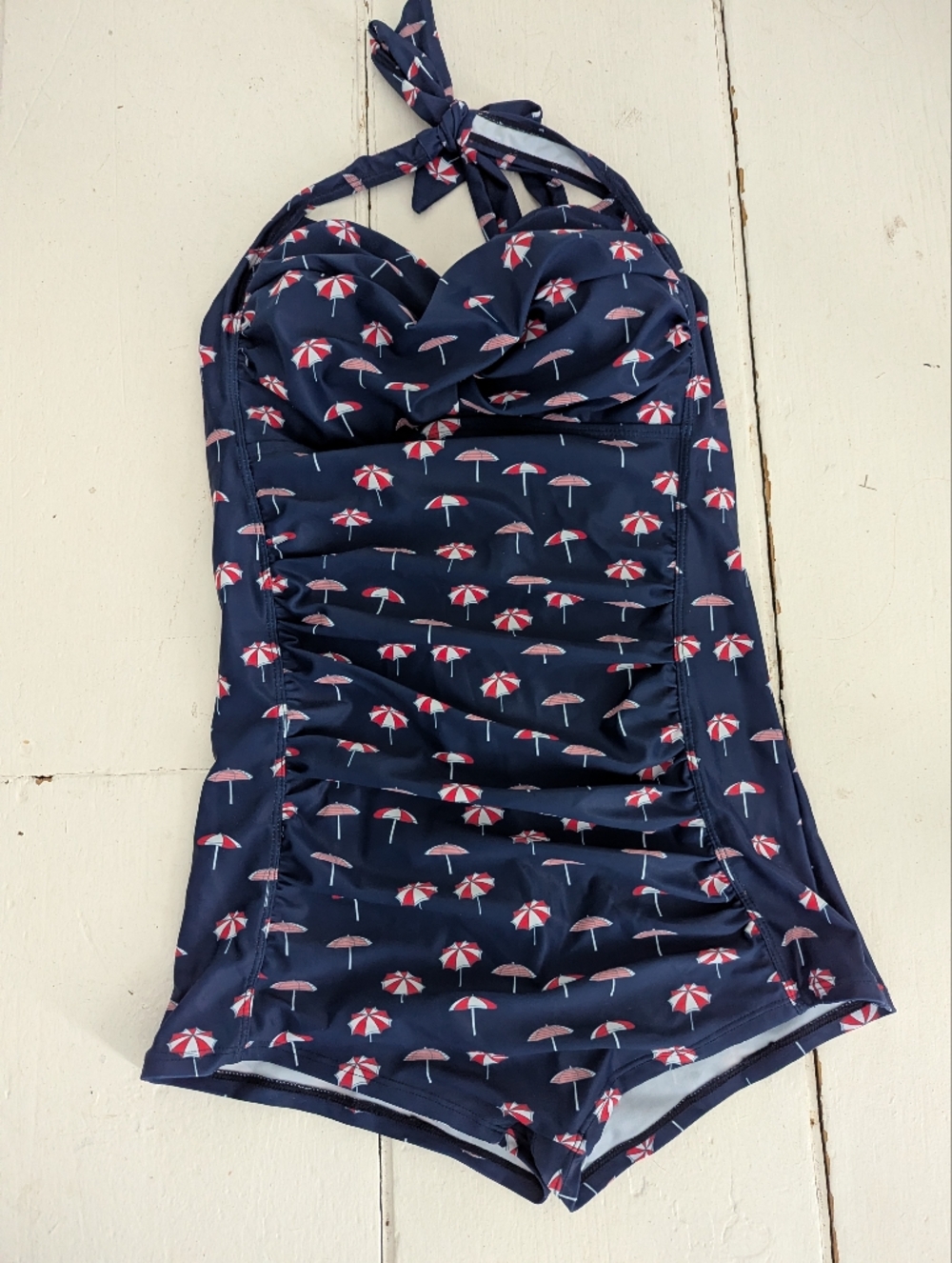 Pinup Style Navy Blue One-Piece Swimsuit with Umbrella Print